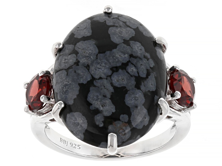 Pre-Owned Black Snowflake Obsidian with Red Garnet Rhodium Over Sterling Silver Ring 0.93ctw