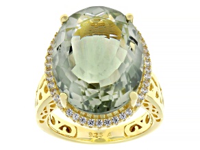 Pre-Owned Prasiolite With White Topaz 18k Yellow Gold Over Sterling Silver Ring 16.50ctw