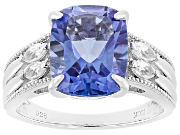 Picture of Pre-Owned Butterfly Blue Topaz with White Topaz Rhodium Over Sterling Silver Ring 4.92ctw