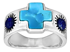 Pre-Owned 9x9mm Composite Kingman Turquoise & 3.5x3.5mm Lapis Lazuli Sterling Silver Cross Ring