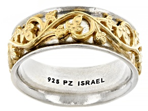 Pre-Owned Two Tone Sterling Silver & 14K Yellow Gold Over Silver Floral Detail Spinner Ring