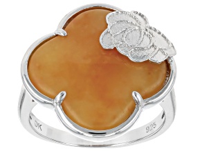 Pre-Owned Golden Jadeite Rhodium Over Sterling Silver Chinese Chrysanthemum Ring