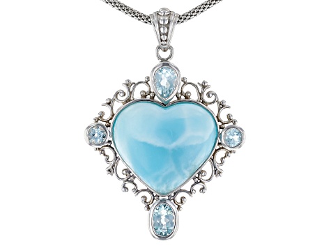 Heart Shape Larimar, 2.35ctw Light Blue Topaz .925 Sterling Silver Pendant Chain