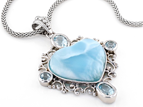 Heart Shape Larimar, 2.35ctw Light Blue Topaz .925 Sterling Silver Pendant Chain