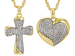 PRE-OWNED EMULOUS™ DIAMOND ACC .02CTW 18K YELLOW GOLD OVER BRASS HEART & CROSS PENDANTS SET OF 2