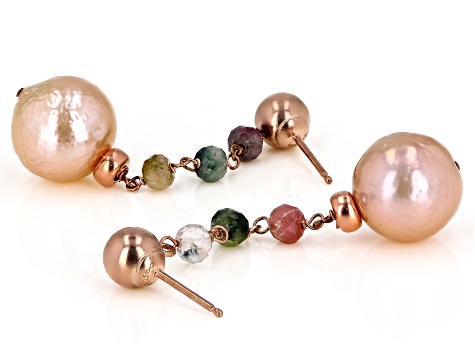 Pre-Owned 10.5-11mm Pink Cultured Freshwater Pearl & Tourmaline 18k Rose Gold Over Silver Earrings