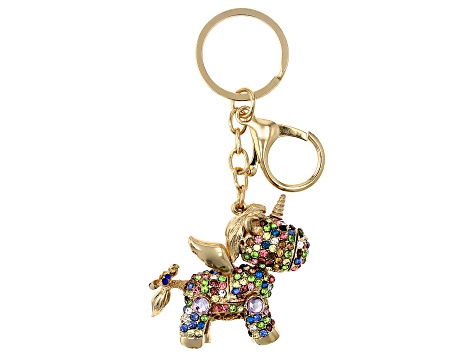 Pre-Owned  Multi-Color Crystal Gold Tone Unicorn Key Chain
