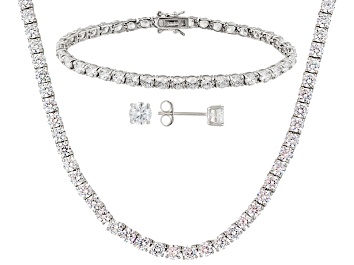 Picture of Pre-Owned Cubic Zirconia Silver Necklace, Bracelet And Earrings Set 62.00ctw