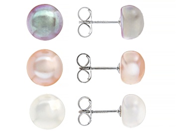 Picture of Pre-Owned Multi-Color Cultured Freshwater Button Pearl 8-9mm Rhodium Over Sterling Silver Earring Se