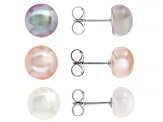 Pre-Owned Multi-Color Cultured Freshwater Button Pearl 8-9mm Rhodium Over Sterling Silver Earring Se