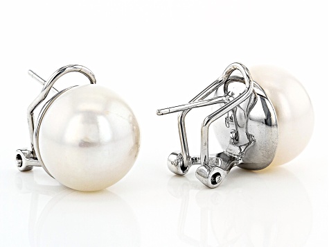 Pre-Owned White Cultured Freshwater Pearl 11-12mm Rhodium Over Silver Omega Earrings