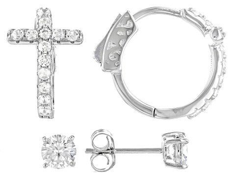 Pre-Owned White Cubic Zirconia Rhodium Over Sterling Silver Cross Hoop And Stud Earring Set 2.34ctw