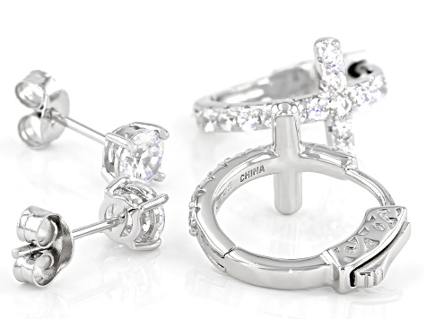 Pre-Owned White Cubic Zirconia Rhodium Over Sterling Silver Cross Hoop And Stud Earring Set 2.34ctw