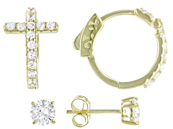 Picture of Pre-Owned White Cubic Zirconia 18K Yellow Gold Over Sterling Silver Cross Hoop And Stud Earring Set