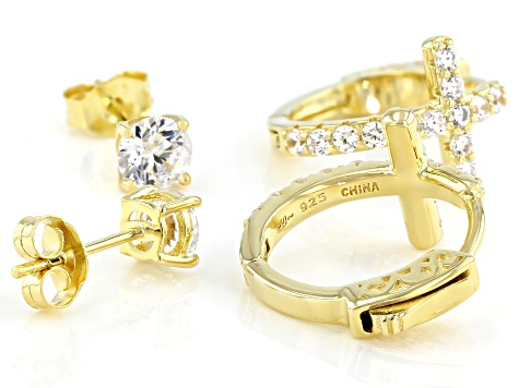 Pre-Owned White Cubic Zirconia 18K Yellow Gold Over Sterling Silver Cross Hoop And Stud Earring Set