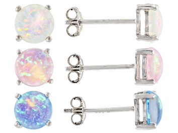 Picture of Pre-Owned White, Pink, and Blue Lab Created Opal Rhodium Over Sterling Silver Set of 3 Stud Earrings