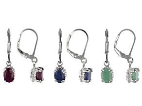 Pre-Owned  Ruby, Sapphire, And Emerald Rhodium Over Silver Earrings Set Of 3 5.00ctw