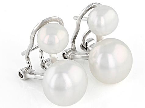 Pre-Owned 6-9.5mm White Cultured Freshwater Pearl Rhodium Over Sterling Silver Double Stud Earrings