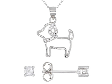 Pre-Owned White Cubic Zirconia 0.50ctw Rhodium Over Sterling Silver Stud Earrings And Dog Pendant Wi