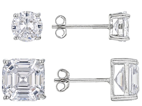 Pre-Owned Asscher Cut White Cubic Zirconia Rhodium Over Sterling Silver Earrings- Set of 2 4.25ctw