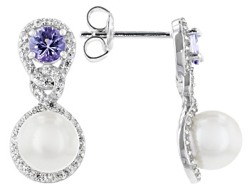Picture of Pre-Owned White Cultured Freshwater Pearl With Tanzanite & Zircon Rhodium Over Sterling Silver Earri