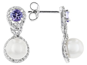 Pre-Owned White Cultured Freshwater Pearl With Tanzanite & Zircon Rhodium Over Sterling Silver Earri