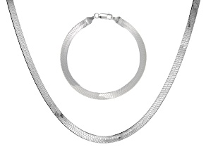 Pre-Owned Sterling Silver Set of 2 Herringbone 7.25 Inch Bracelet and 18 Inch Necklace