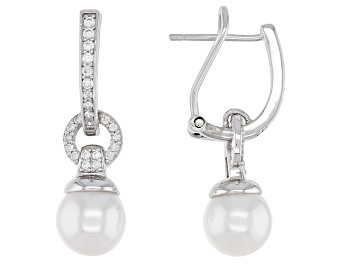 Picture of Pre-Owned White Cultured Japanese Akoya Pearl & White Zircon 0.42ctw Rhodium Over Sterling Silver Ea