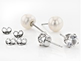 Pre-Owned White Cultured Freshwater Pearl & White Lab  Sapphire Rhodium Over Silver Stud Earring Box