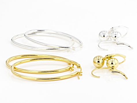 Pre-Owned Sterling Silver and 18K Yellow Gold Over Sterling Silver Set of 4 Bead and Oval Hoop Earri
