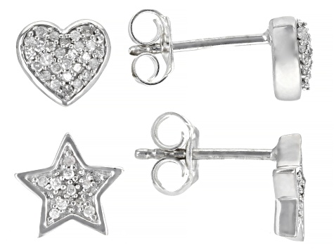 Pre-Owned White Diamond Rhodium Over Sterling Silver Heart And Star Stud Earring Jewelry Set 0.25ctw