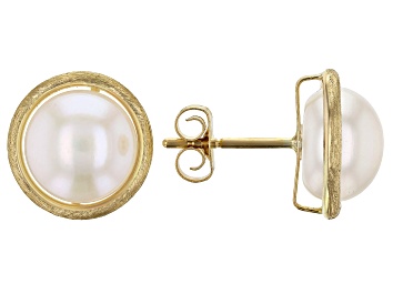 Picture of Pre-Owned White Cultured Freshwater Button Pearl 14k Yellow Gold Stud Earrings 8-8.5mm