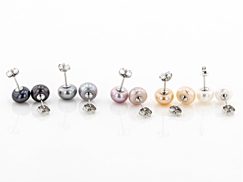 Pre-Owned Multi-Color Cultured Freshwater Pearl Rhodium Over Sterling Silver Stud Earrings Set of 5
