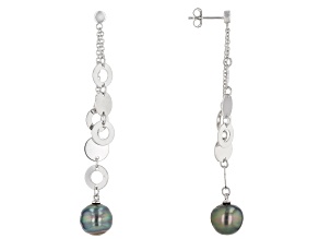 Pre-Owned Cultured Tahitian 9-10mm Semi-Baroque Pearl Rhodium Over Sterling Silver Dangle Earrings