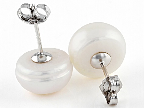 Pre-Owned White Cultured Freshwater Pearl Rhodium Over Sterling Silver Stud Earrings