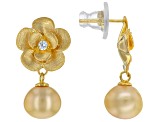 Pre-Owned Golden Cultured South Sea Pearl And White Zircon 18k Yellow Gold Over Silver Flower Drop E
