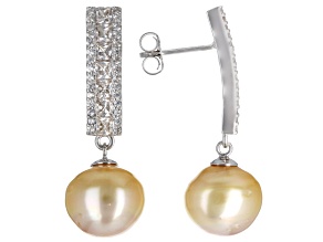 Pre-Owned Golden Cultured South Sea Pearl & White Zircon 2.02ctw Rhodium Over Sterling Silver Earrin
