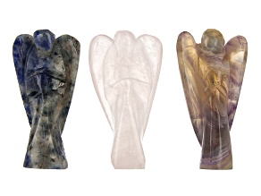Pre-Owned Hand Carved Angel Figurine Set of 3 in Rose Quartz, Sodalite, & Fluorite