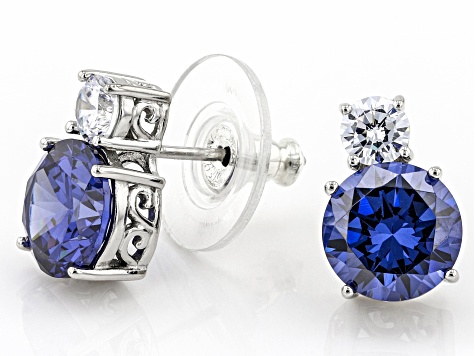 Pre-Owned Blue And White Cubic Zirconia Rhodium Over Sterling Silver Earrings 6.23ctw