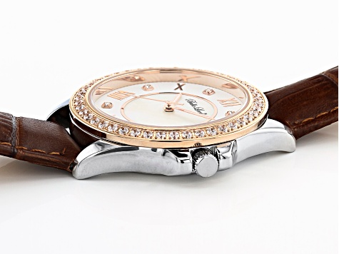 Pre-Owned White Cubic Zirconia Rhodium And 18K Rose Gold Over Brass Genuine Brown Leather Ladies Wri