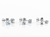 Pre-Owned Blue Topaz Rhodium Over Silver 3 Pairs Stud Earrings Set 1.30ctw