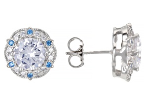 Pre-Owned Blue And White Cubic Zirconia Rhodium Over Sterling Silver Studs 7.20ctw