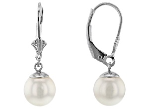 Pre-Owned White Cultured Japanese Akoya Pearl Rhodium Over Sterling Silver Earrings