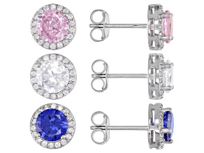 Pre-Owned Blue, Pink, And White Cubic Zirconia Rhodium Over Sterling Silver Earring Set of 3 8.70ctw