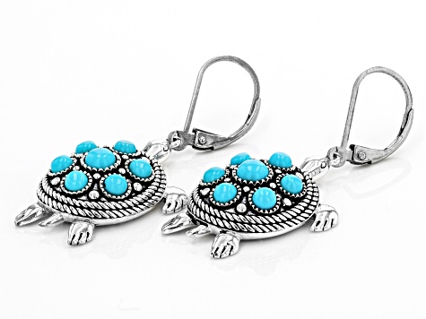 Pre-Owned Blue Sleeping Beauty Turquoise Rhodium Over Sterling Silver Turtle Earrings