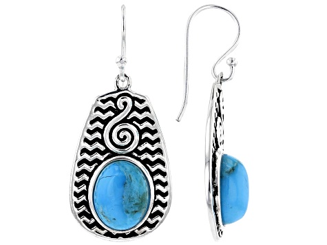 Pre-Owned Turquoise Cabochon Rhodium Over Silver Dangle Earrings
