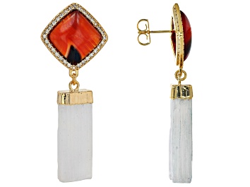 Picture of Pre-Owned Selenite, Carnelian and Cubic Zirconia 18K Yellow Gold Over Brass Dangle Earrings