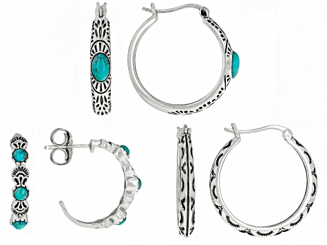 Pre-Owned Blue Turquoise Sterling Silver Set of Three Hoop Earrings
