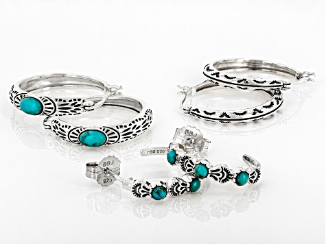 Pre-Owned Blue Turquoise Sterling Silver Set of Three Hoop Earrings