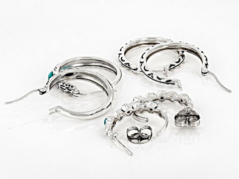 Pre-Owned Blue Turquoise Sterling Silver Set of Three Hoop Earrings